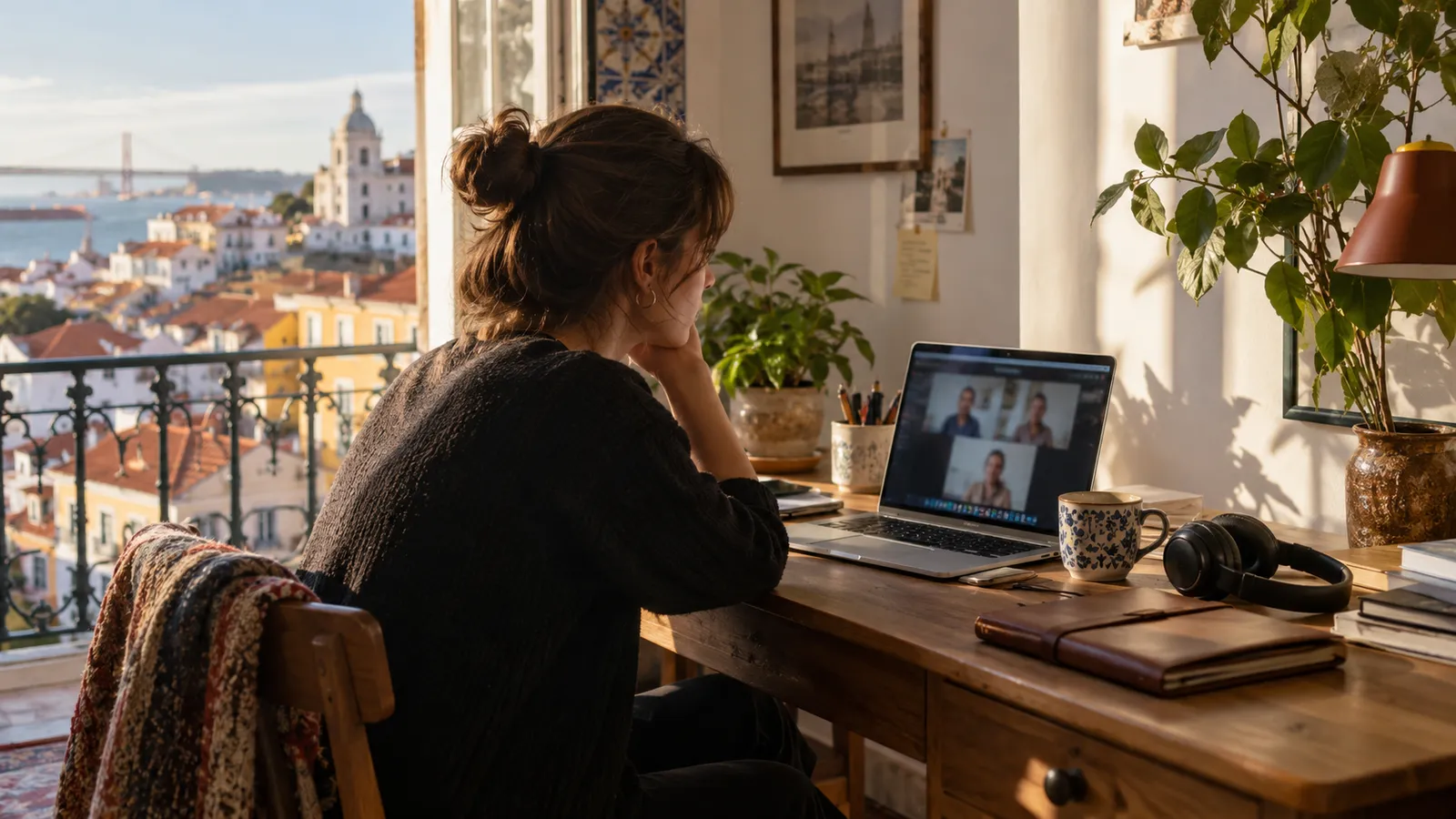 A freelance remote worker's compact desk with a laptop showing a softly blurred video call.