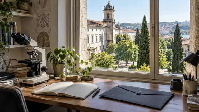 A university research desk with a microscope.