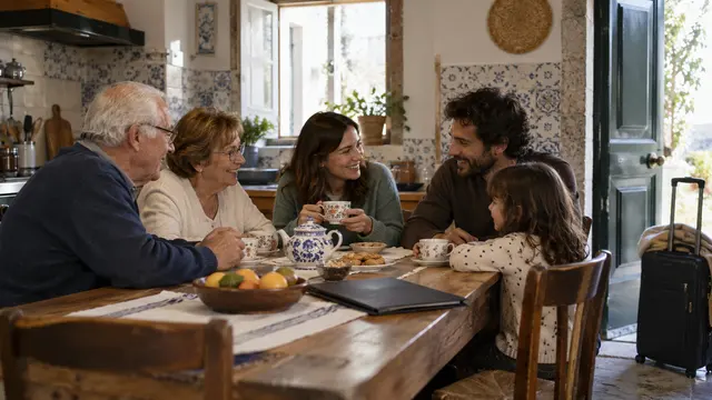 Family members sharing tea around a Portuguese kitchen table with a closed document folder at one side and a travel bag by the door.
