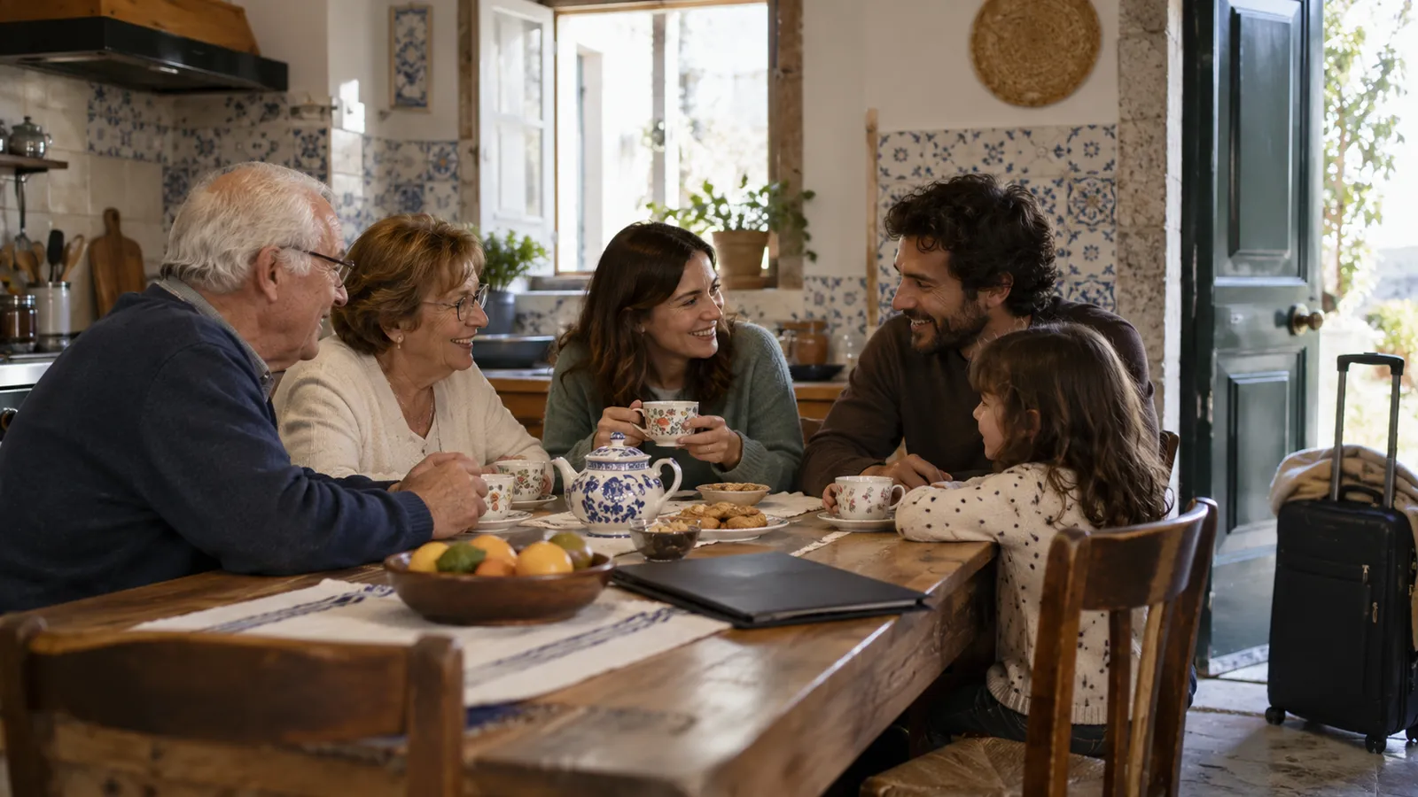 Family members sharing tea around a Portuguese kitchen table with a closed document folder at one side and a travel bag by the door.