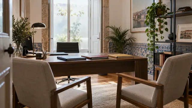A private consultation room with two comfortable chairs facing a desk.