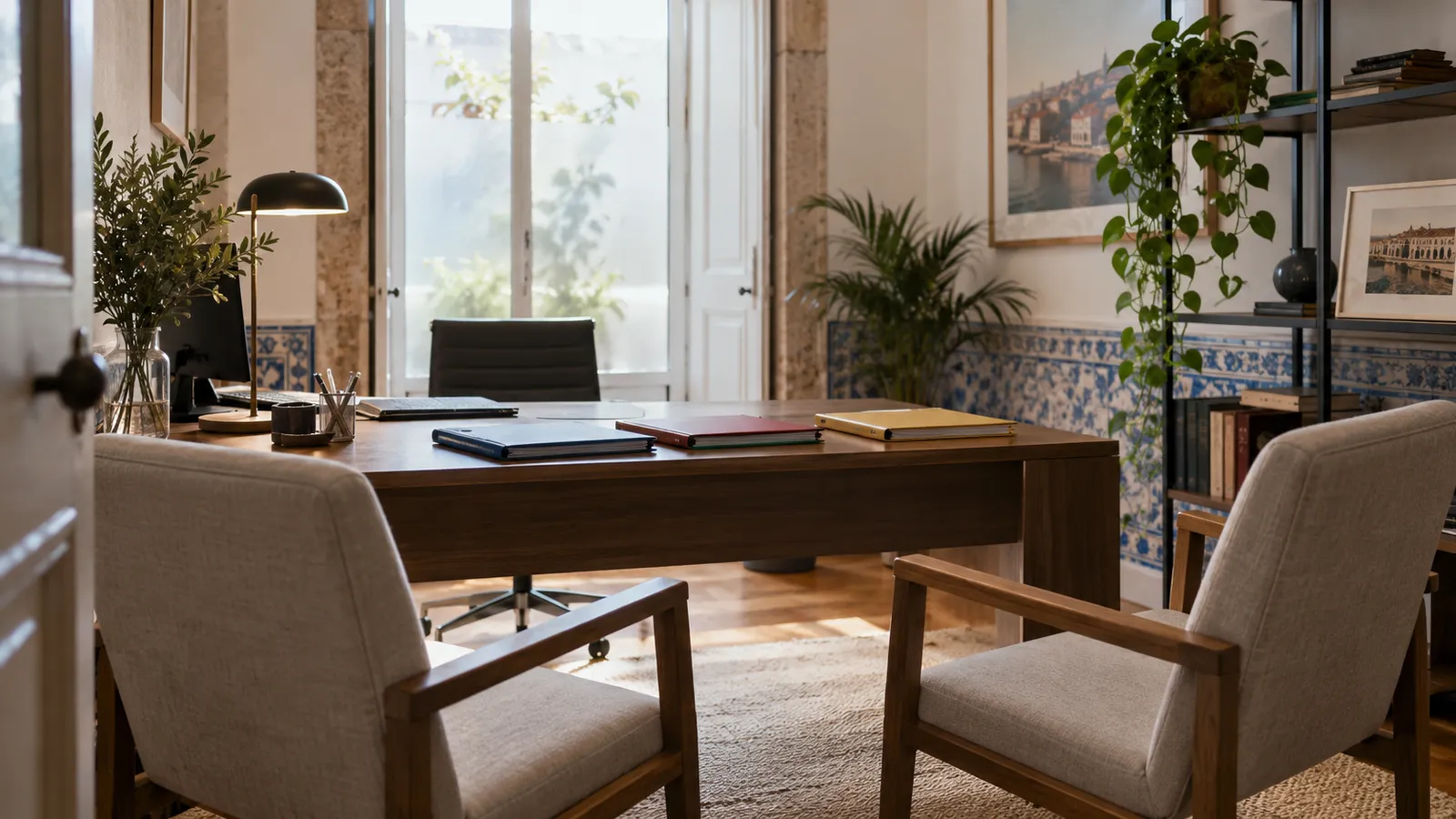 A private consultation room with two comfortable chairs facing a desk.