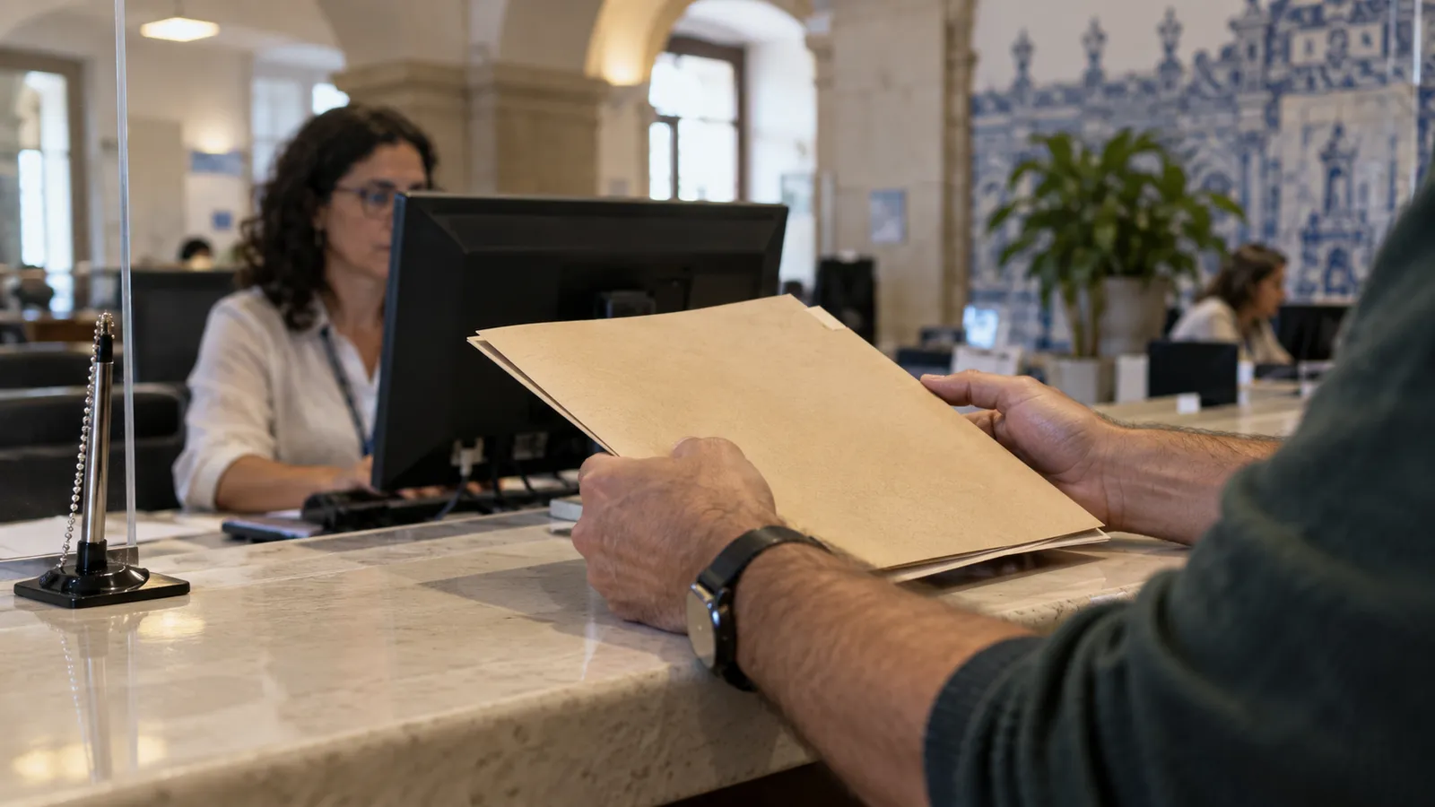 A plain tax-document folder held by an adult at a civic service counter.