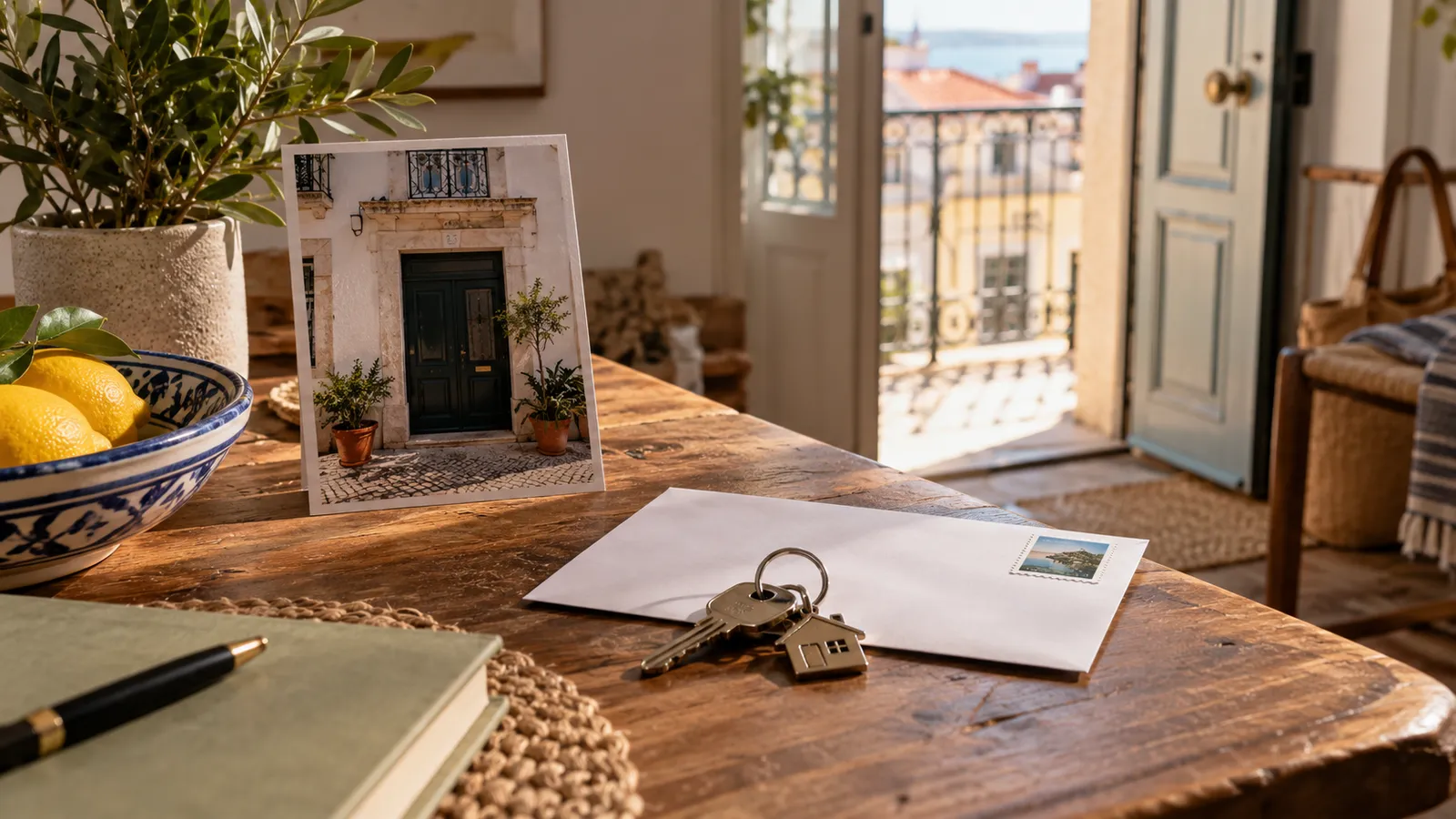 A stamped blank envelope and house keys resting beside a small model-free photograph of a real apartment entrance on a home table.