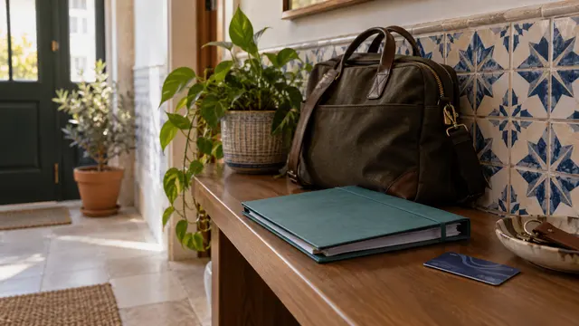 A closed teal folder with employment paperwork edges visible beside a work bag and bus pass turned face-down.