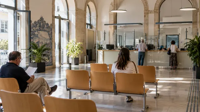 A calm contemporary Portuguese public-service waiting hall with accessible seating.