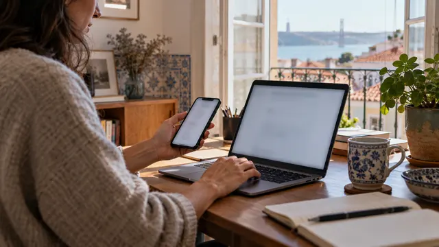 Close side view of an adult using a laptop and smartphone together for secure authentication.