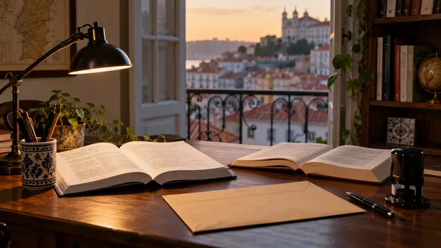A translator's desk with two open reference books whose text is softly out of focus.