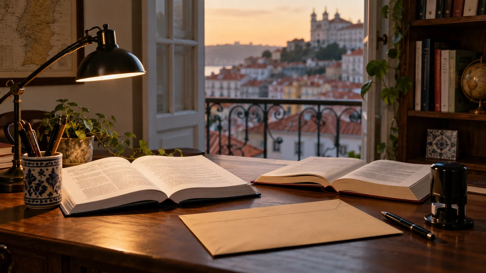 A translator's desk with two open reference books whose text is softly out of focus.
