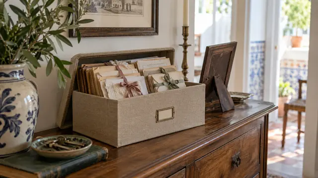 A linen archive box holding ribbon-tied family record envelopes and an old framed family photograph turned away.