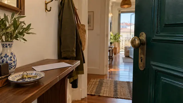 A Portuguese apartment front door with a brass key on a shelf.