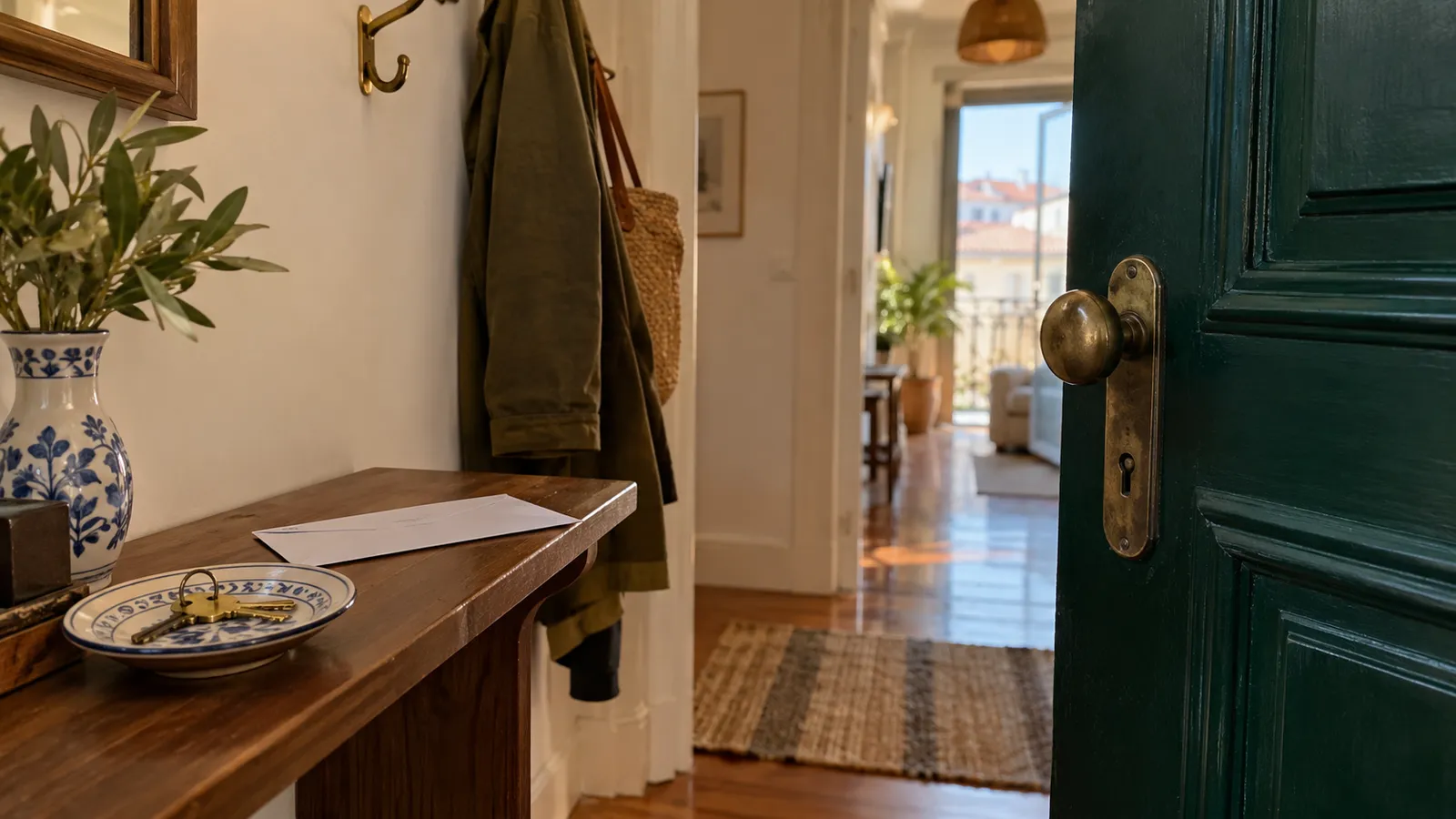 A Portuguese apartment front door with a brass key on a shelf.