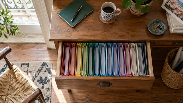 A well-organised filing drawer with twelve differently coloured unlabelled document dividers.