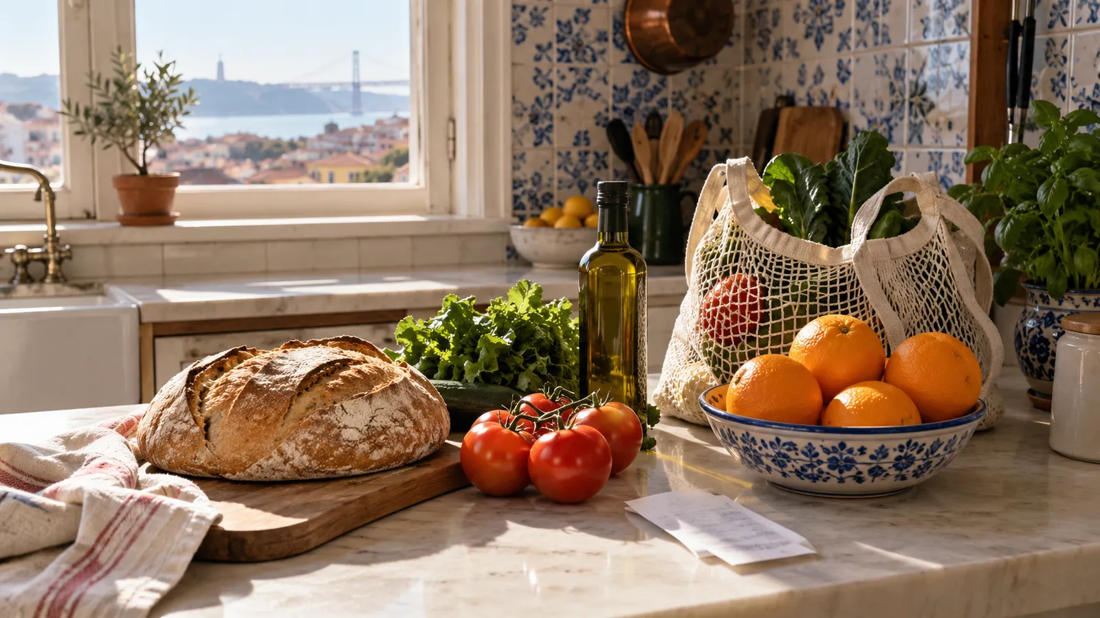 A Portuguese kitchen counter after the weekly shop: bread.