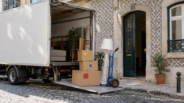 A removal van parked outside a Portuguese apartment doorway with a hand trolley.