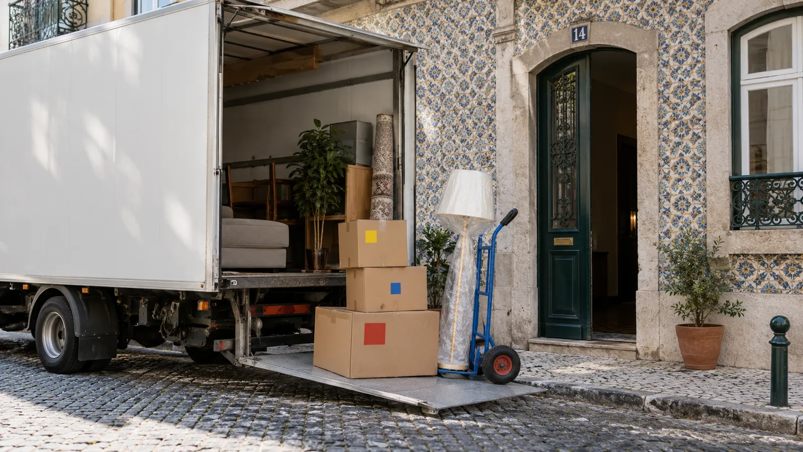 A removal van parked outside a Portuguese apartment doorway with a hand trolley.