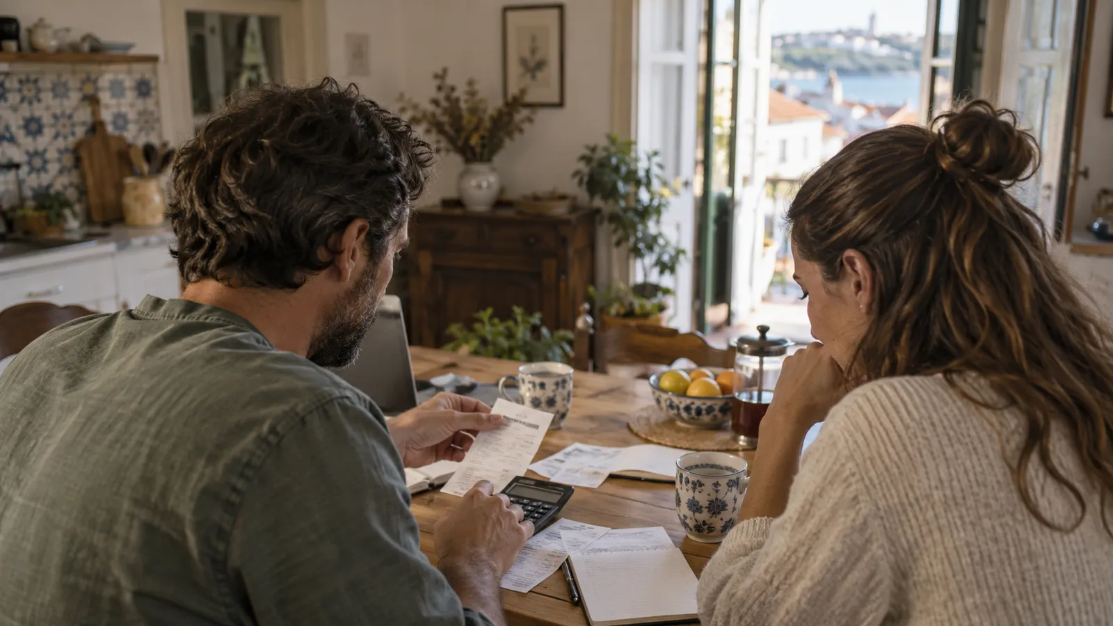 Two adults reviewing household spending at a kitchen table.