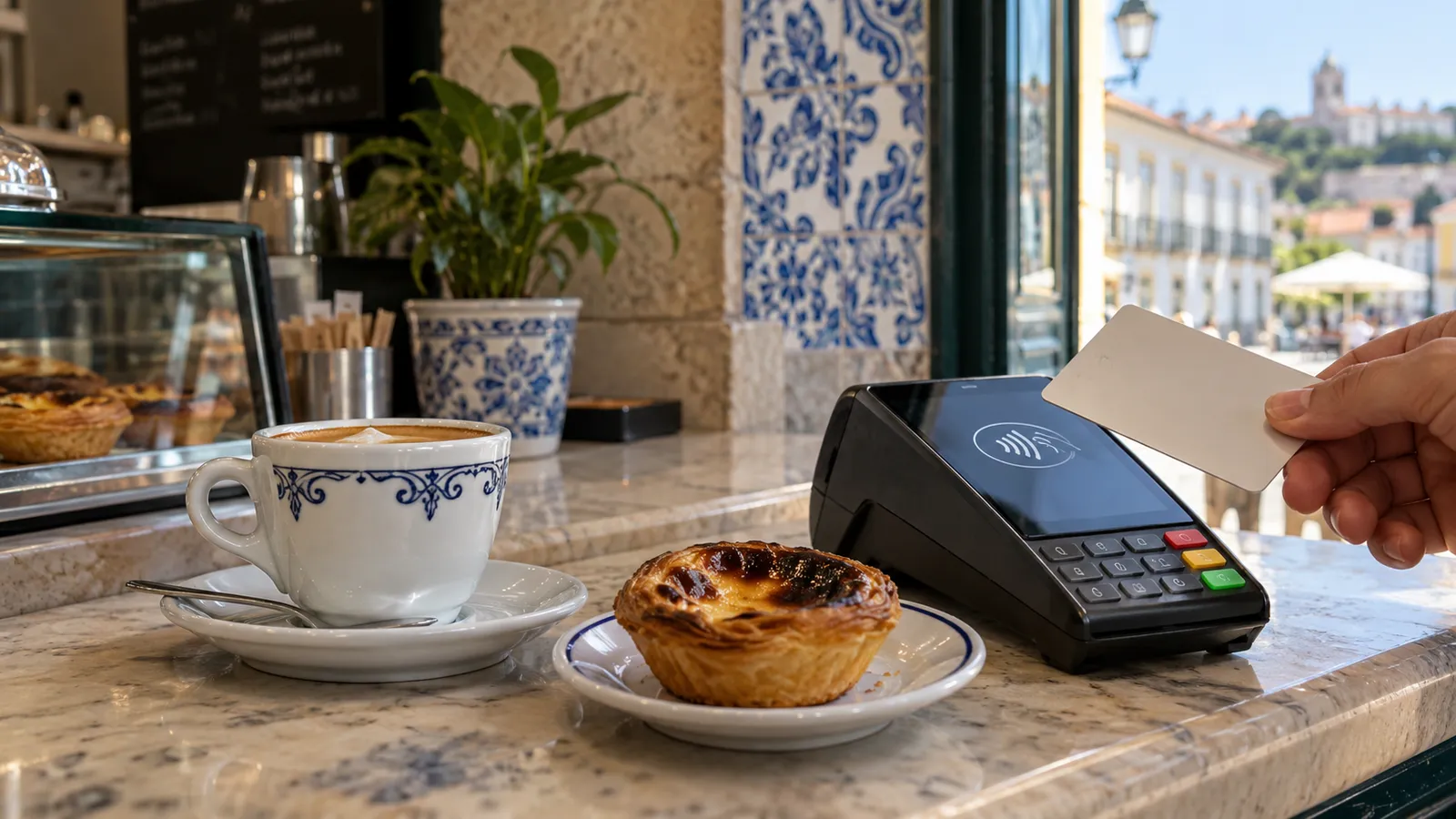 A contactless payment terminal beside a ceramic coffee cup and pastry on a Portuguese cafe counter.