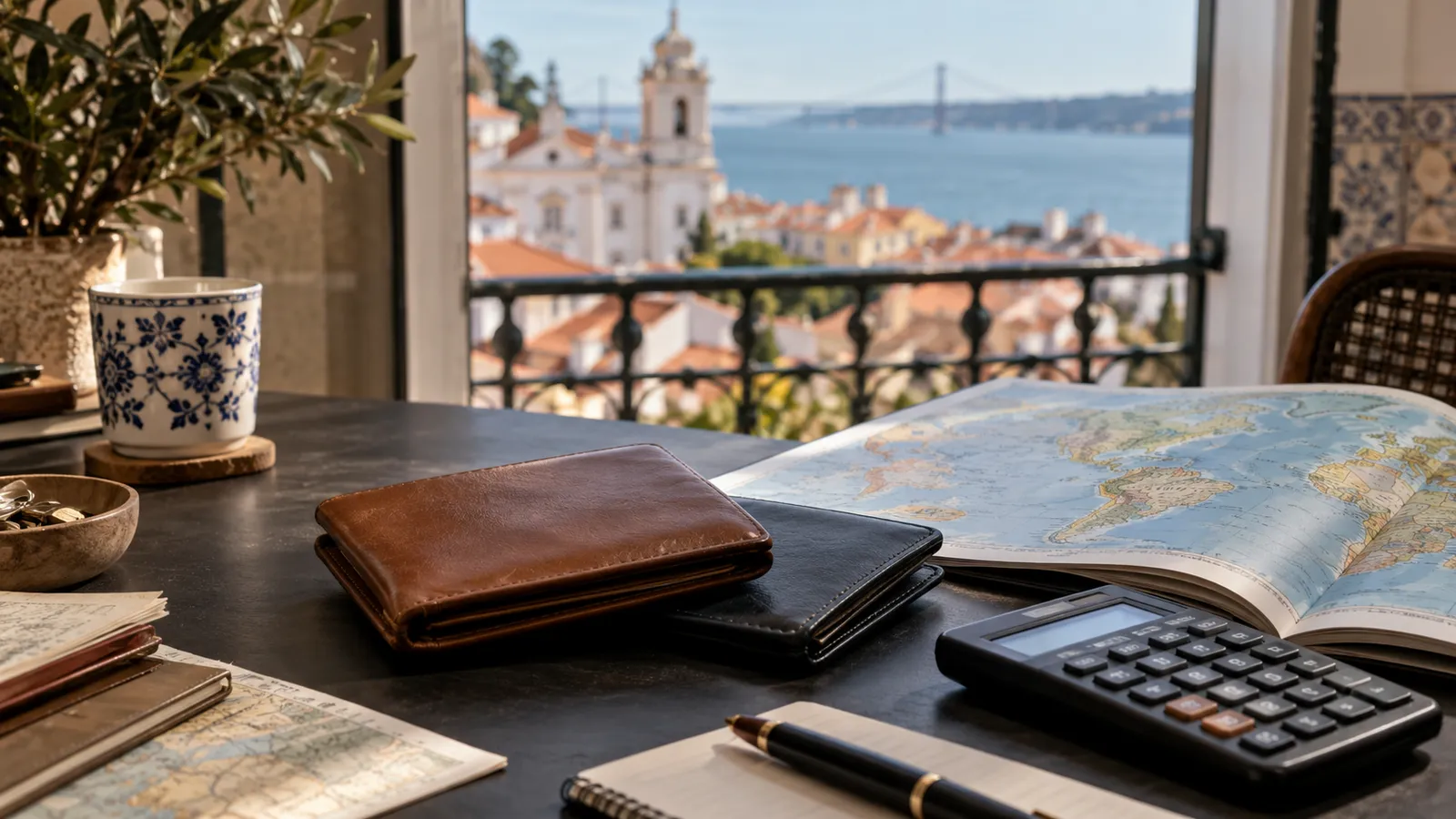 A secure money-transfer planning still life: two unbranded closed currency wallets.