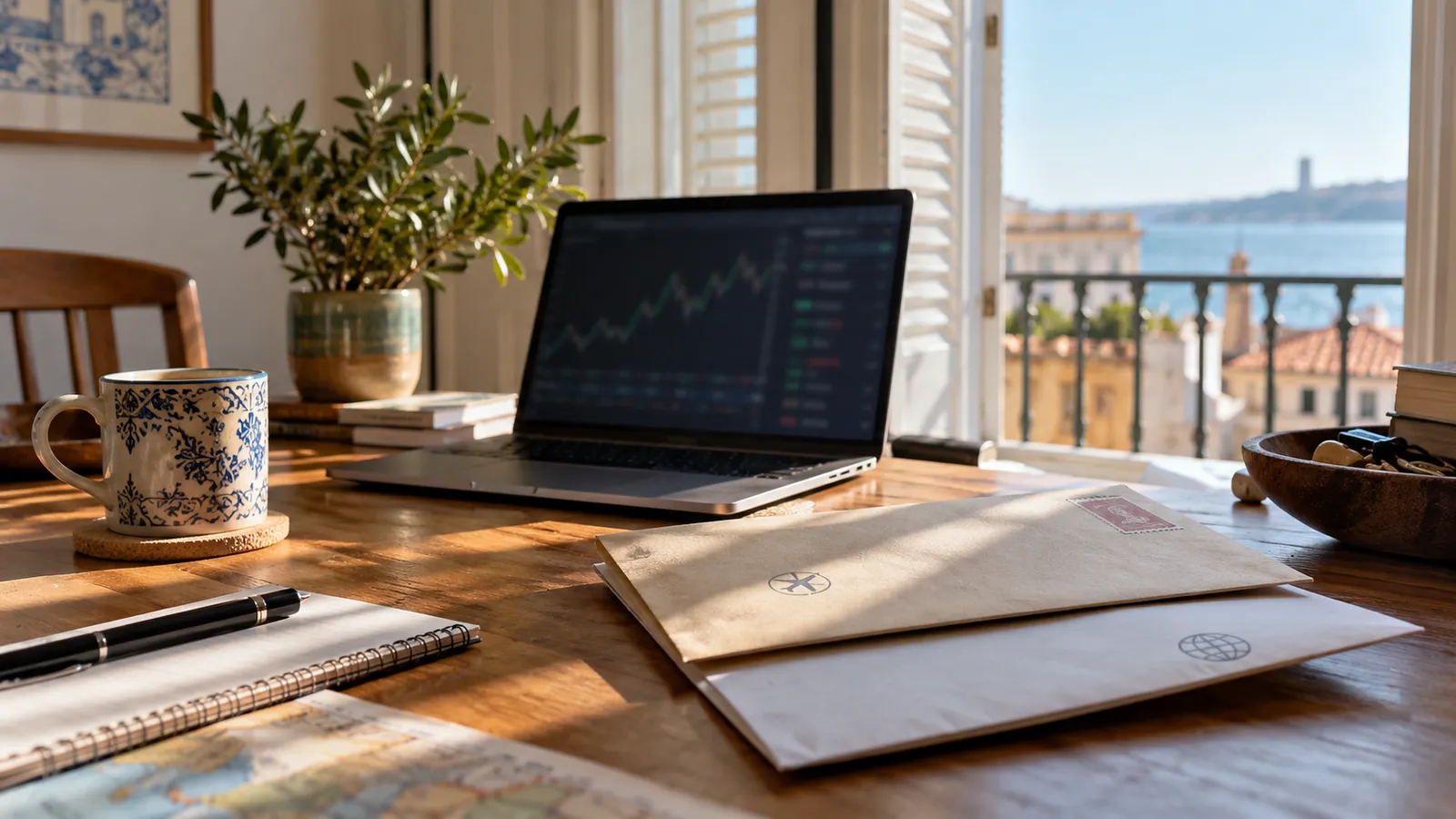 A home desk with a laptop screen showing an abstract out-of-focus financial chart.