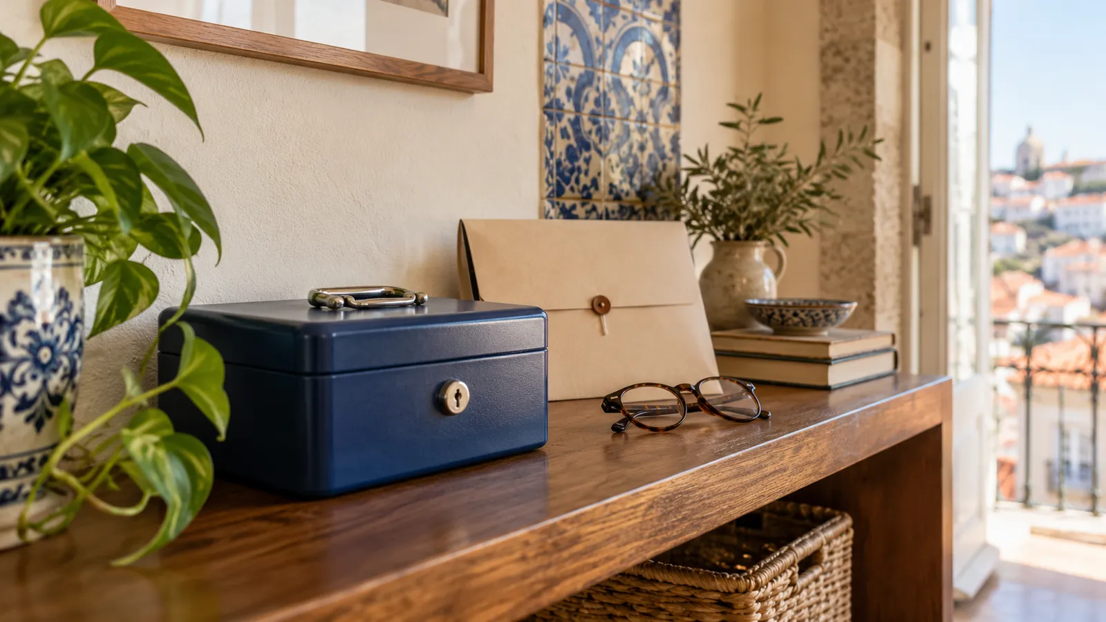 A sturdy closed cash-saving box beside a neatly arranged household emergency envelope and reading glasses on a shelf.