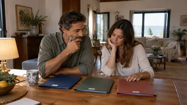 A household reviewing three different closed insurance folders around a dining table.