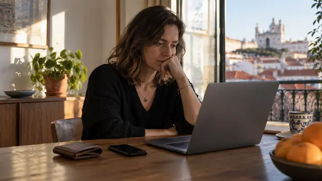 An adult pausing before entering card details on a laptop.