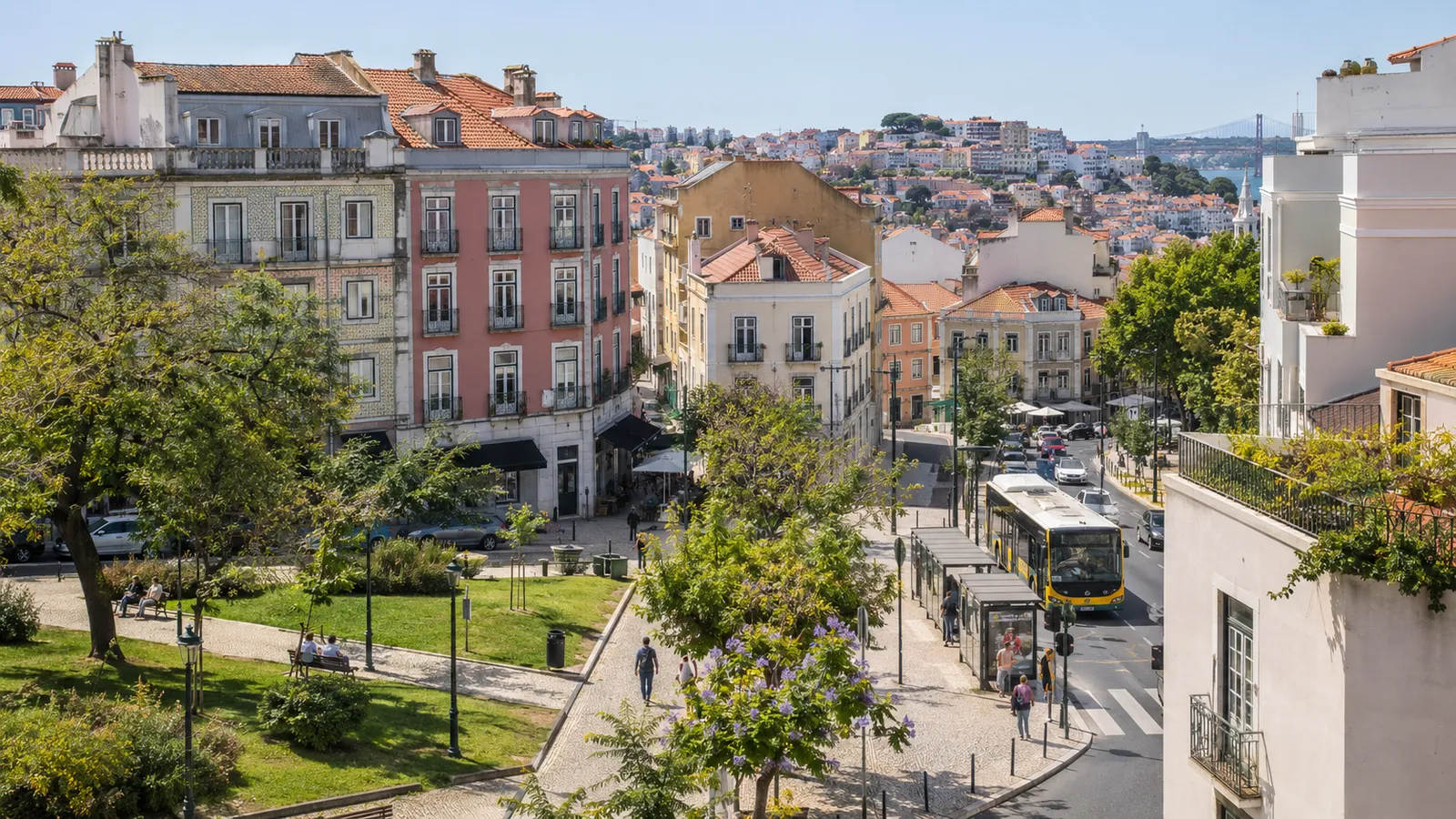 An elevated view across a mixed Portuguese neighbourhood with apartments.