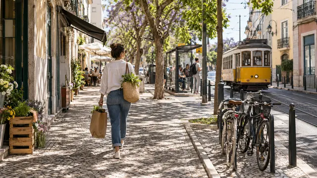 A resident carrying groceries along a pleasant pedestrian street towards a tram stop.