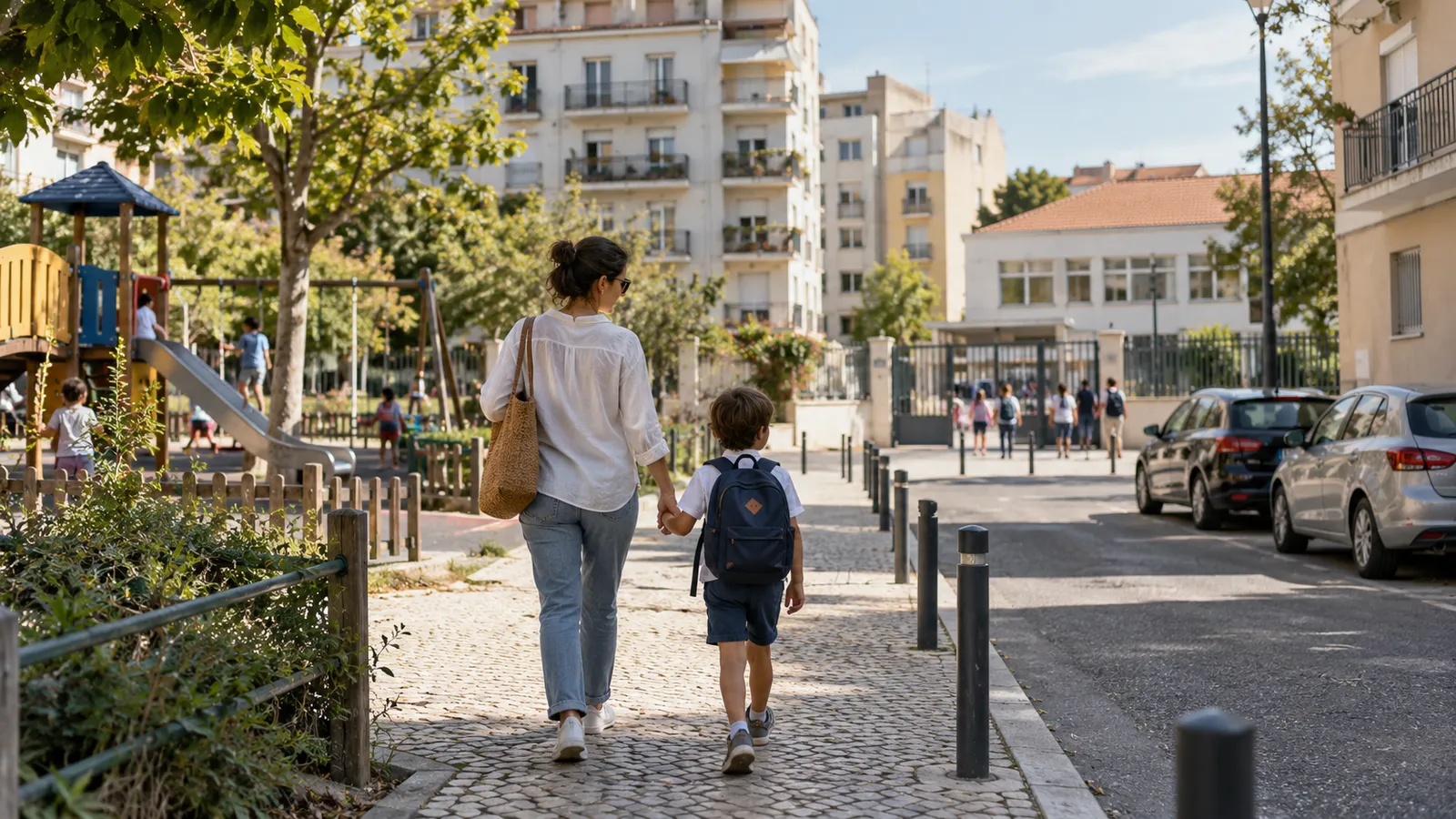 A parent and child walking from a neighbourhood playground towards nearby apartment buildings.