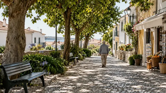 A level shady neighbourhood path with benches.