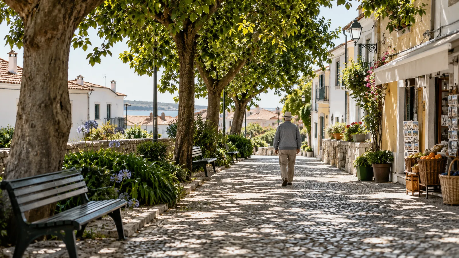 A level shady neighbourhood path with benches.