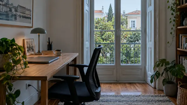 A quiet apartment work corner facing a leafy courtyard.