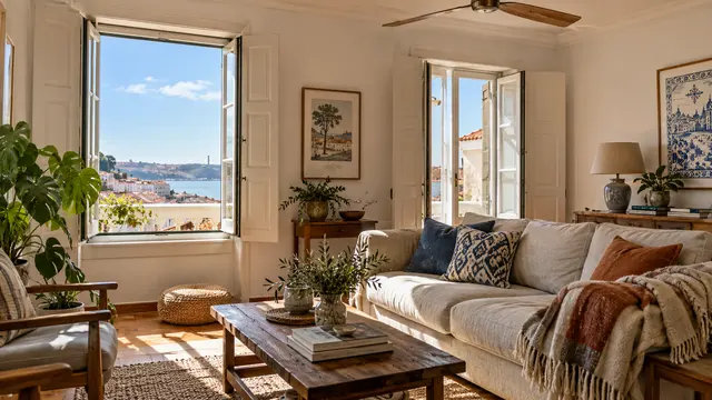 A bright Portuguese living room showing operable shutters.