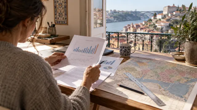 A researcher comparing printed housing charts with text out of focus beside a neighbourhood map.