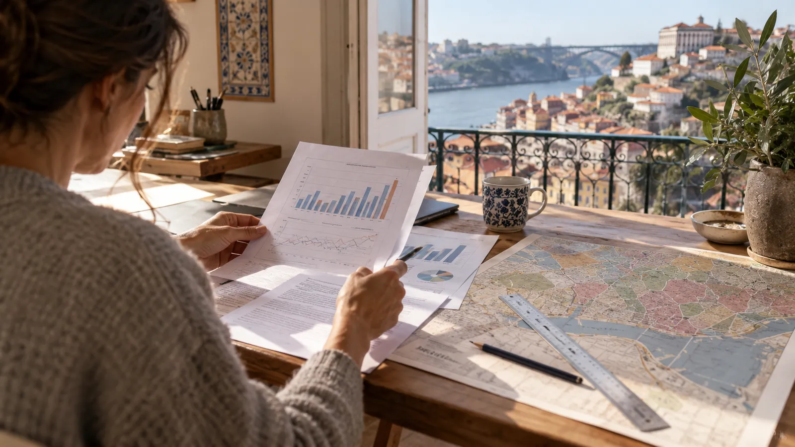 A researcher comparing printed housing charts with text out of focus beside a neighbourhood map.