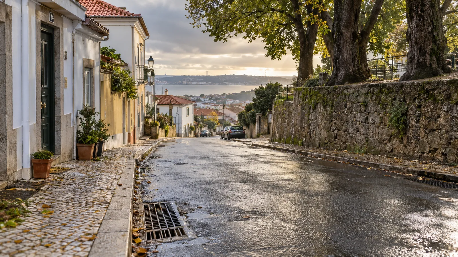 A Portuguese residential street with clear stormwater drains.