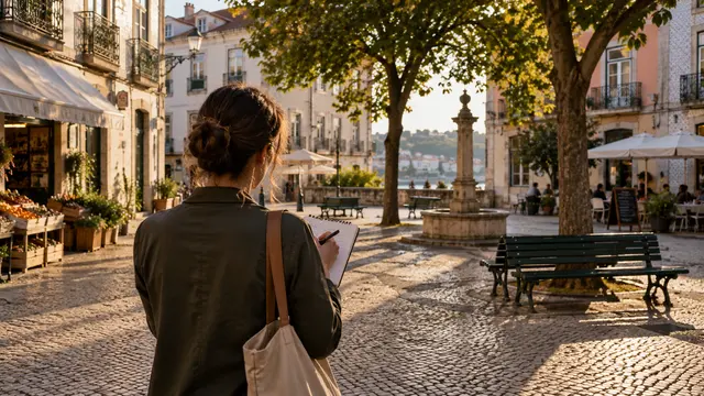 An adult taking notes on a small paper pad during a walk through a Portuguese neighbourhood plaza.