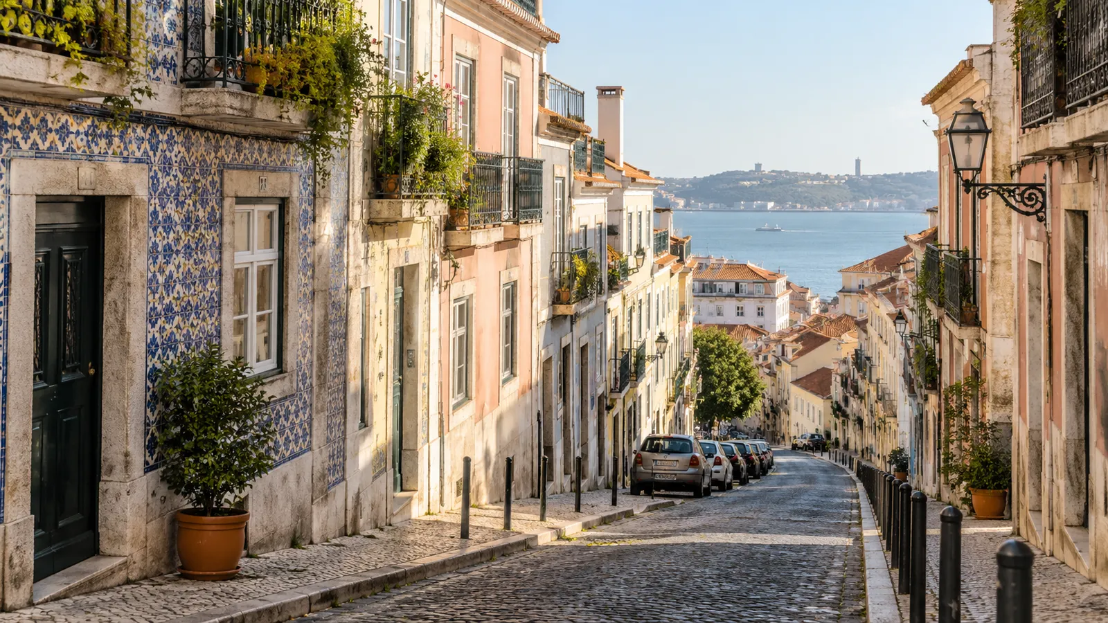 Lisbon-inspired everyday cityscape: a steep residential street with cream and dusty pink buildings.