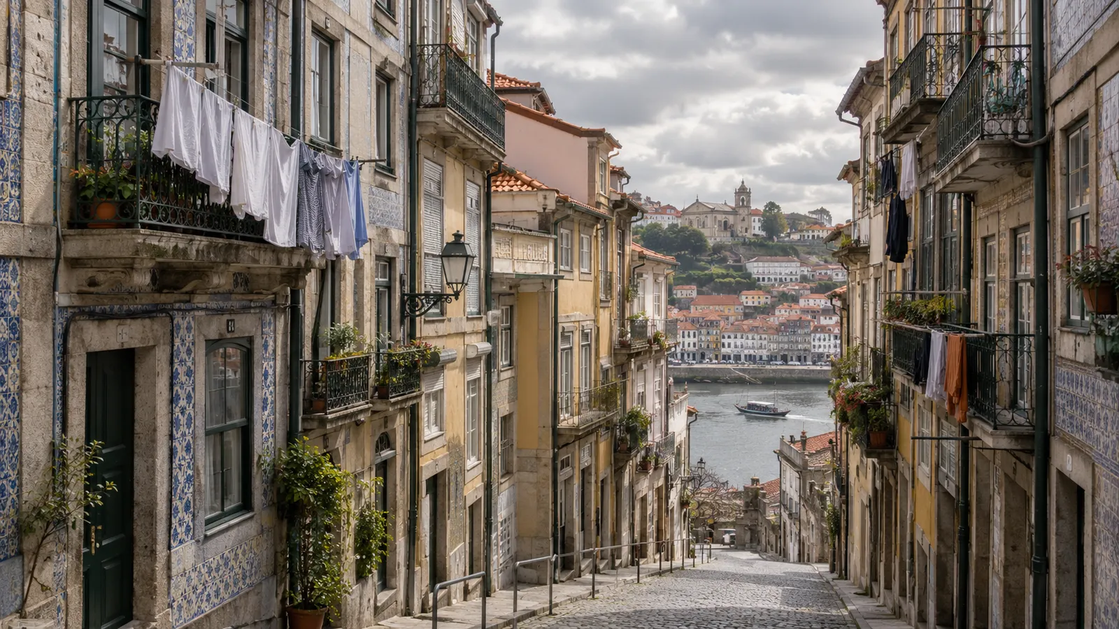Porto-inspired residential lane with tall narrow granite and tiled facades.