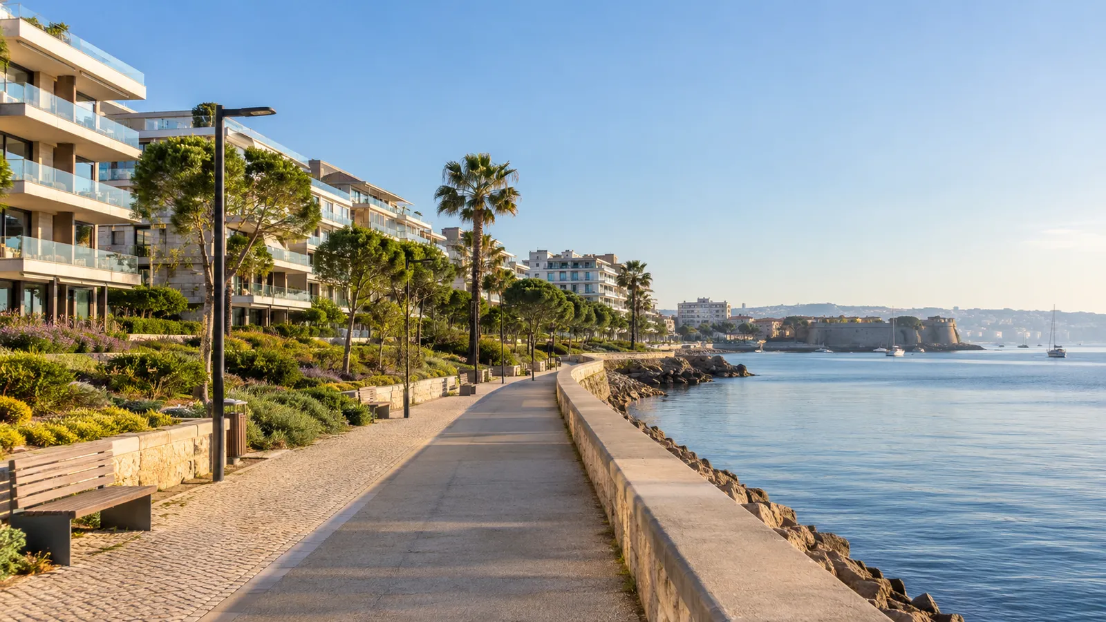 Oeiras-inspired coastal promenade with contemporary apartment blocks set behind landscaped gardens.
