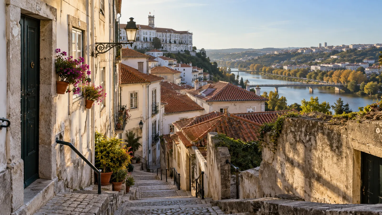 Coimbra-inspired hillside university neighbourhood with narrow stone steps.