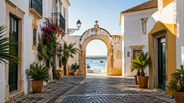 Faro-inspired old-town gateway street of whitewashed walls and ochre trim opening towards a quiet lagoon light.