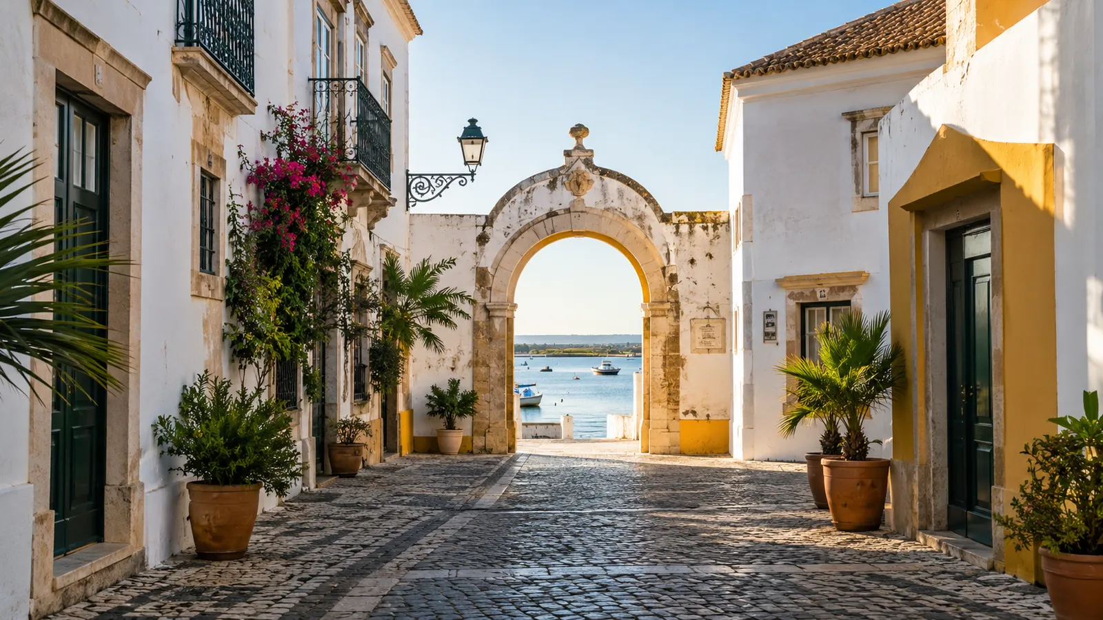 Faro-inspired old-town gateway street of whitewashed walls and ochre trim opening towards a quiet lagoon light.