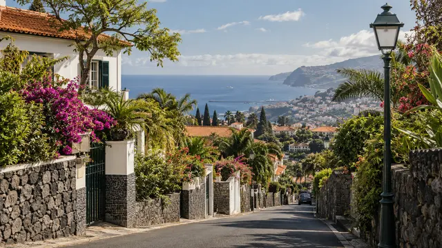 Funchal-inspired sloping residential street with subtropical gardens.