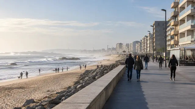 A northern Portuguese Atlantic promenade inspired by Matosinhos with broad sandy beach.