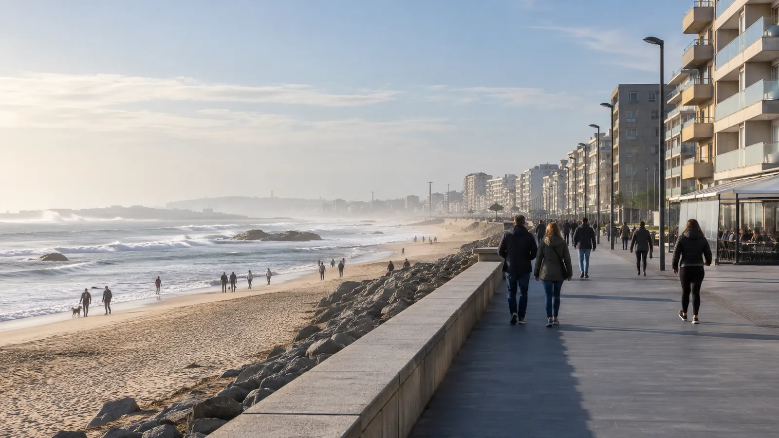 A northern Portuguese Atlantic promenade inspired by Matosinhos with broad sandy beach.