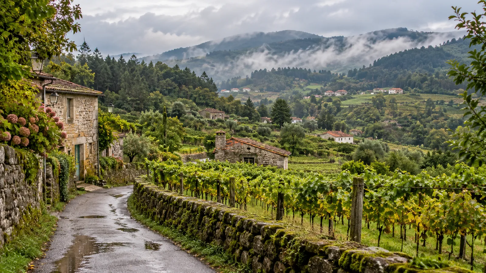 Minho-inspired green countryside with terraced small vineyards.