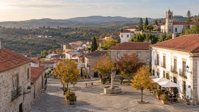 An inland central Portuguese hill town of pale stone houses and terracotta roofs surrounded by olive groves.