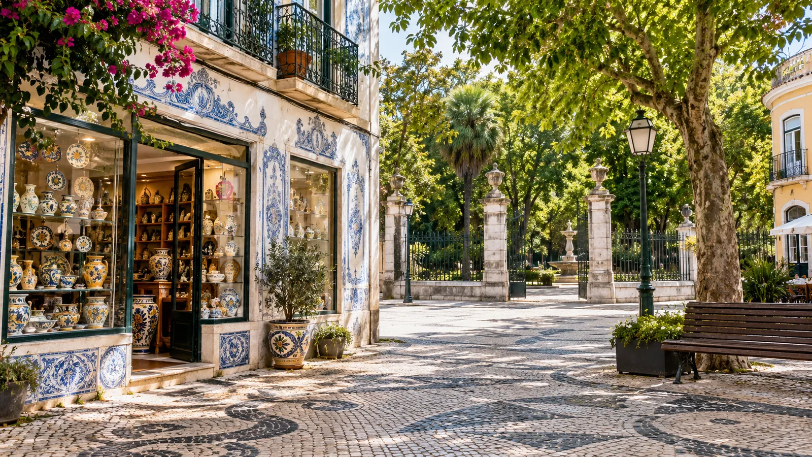 Caldas da Rainha-inspired neighbourhood square with traditional ceramic shop windows without readable signage.